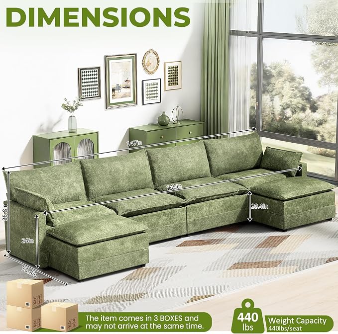 LEVELEVE 147" U-Shape Modular Sofa with 2 Ottomans, Deep Seat Cloud Convertible Sleeper, 2 Arm Pillows, Comfortable Large Upholstered Furniture for Living Room Apartment, Green