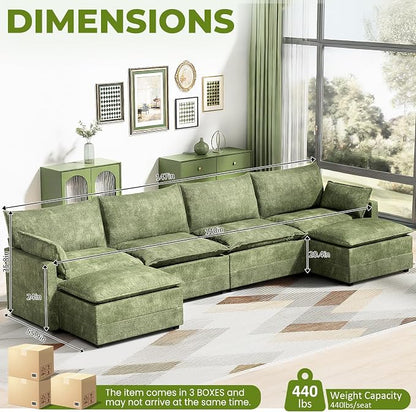 LEVELEVE 147" U-Shape Modular Sofa with 2 Ottomans, Deep Seat Cloud Convertible Sleeper, 2 Arm Pillows, Comfortable Large Upholstered Furniture for Living Room Apartment, Green
