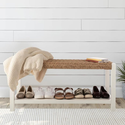 Alaterre Furniture Bench with Handcrafted Woven Rope Seat - Newport Collection 40-Inch Wood Bench with Storage Shelf for Entryway or Hallway - Indoor Furniture (White)