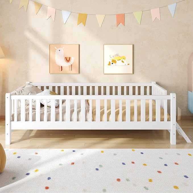 Merax Wood Twin Size Platform Bed with Guardrail, Kids Bed Frame with Stairs, White