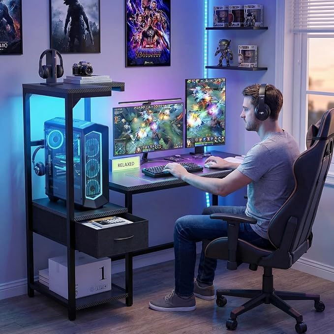 Grandder Gaming Desk 41 Inch with CPU Stand and LED Light, Computer Desk with Reversible Shelves and Storage Drawer, Pc Small Desk for Home Office Table with Bag, Carbon Fiber Black