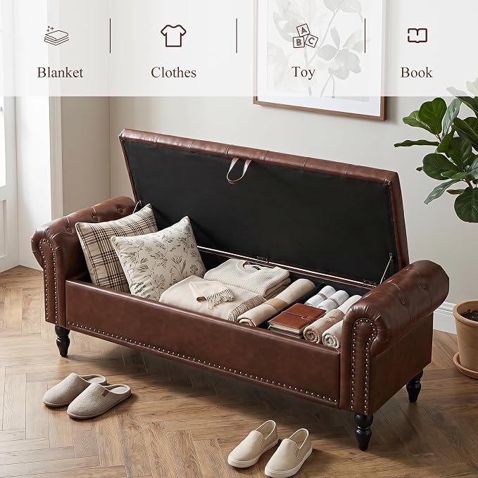 Furniliving 63” End of Bed Storage Bench, Bedroom Bench with Button-Tufted, Upholstered Storage Ottoman Benches Window Bench with Storage, Leather Bench for Living Room, Entryway, PU, Darkbrown