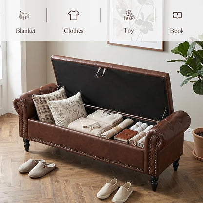 Furniliving 63” End of Bed Storage Bench, Bedroom Bench with Button-Tufted, Upholstered Storage Ottoman Benches Window Bench with Storage, Leather Bench for Living Room, Entryway, PU, Darkbrown