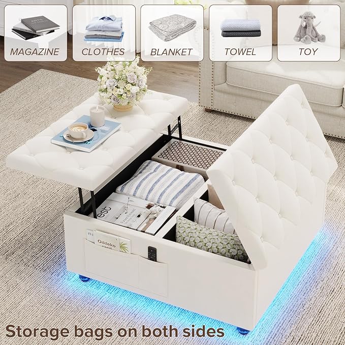 Dnxao Large Ottoman with Storage,Lift Top Coffee Table 31.5" Square Upholstered Tufted Footrest with LED Lights, Charging Station,2 Side Pockets and Removable Tray for Living Room, Beige