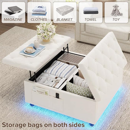 Dnxao Large Ottoman with Storage,Lift Top Coffee Table 31.5" Square Upholstered Tufted Footrest with LED Lights, Charging Station,2 Side Pockets and Removable Tray for Living Room, Beige