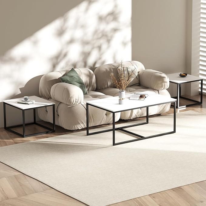 Nesting Coffee Tables,3 Piece Living Room Coffee Table,Industrial Rectangular Coffee Table Set,End Table Side Tables for Living Room Bedroom(White)