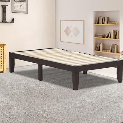 COSTWAY Twin Size Platform Bed Frame, 14 Inches Solid Rubber Wood Bed Mattress Foundation with Sturdy Slats Support, Easy Assembly Bed Frame for Home Hotel, No Box Spring Needed (Espresso, Twin)