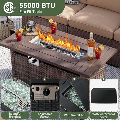 Aoxun 8 Piece Patio Furniture Set with 44” Fire Pit Table, Wicker Rattan Patio Sectional Sofa, Outdoor Furniture Set with Thickened Cushion, Brown
