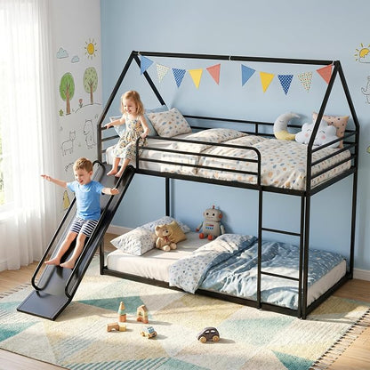 Bunk Bed with Slide, Twin Over Twin Bunk Bed with Ladder and Guardrail, Space Saving & Heavy Duty House Loft Bed for Kids, No Box Spring Needed(Black)