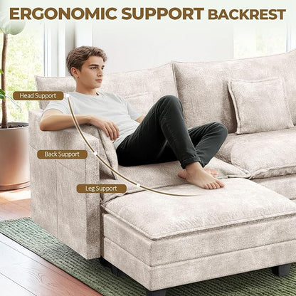 LEVELEVE 112.5" L-Shape Modular Sofa with 1 Ottomans, Deep Seat Cloud Convertible Sleeper, 3 Throw 2 Arm Pillows, Comfortable Upholstered Furniture for Living Room Apartment, Beige