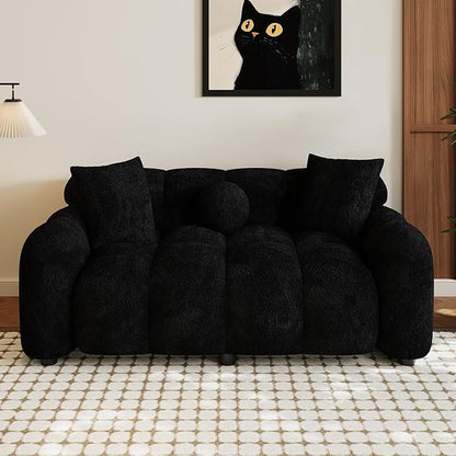 Wrofly Boucle Sofa Couch, 64.7" Modern Tufted Upholstered 2 Seater Loveseat Sofa with 3 Pillows, Comfy Deep Seat Cloud Couch, Small Love Seat for Living Room Apartment, Black