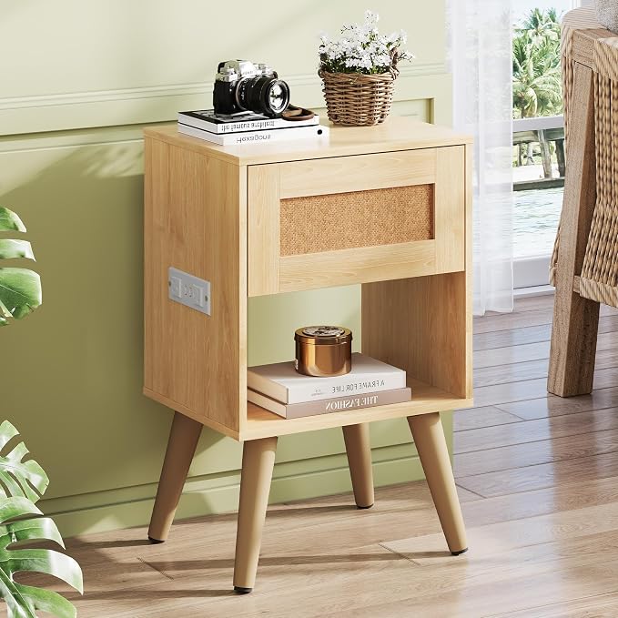 WLIVE Rattan Nightstand with Charging Station, Boho Night Stand, Small Bedroom Side Table, End Table with Drawer and Storage, Wood Bedside Tables for Bedroom, Small Spaces, Natural Oak