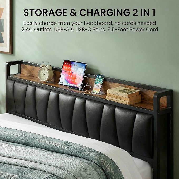 LIKIMIO California King Bed Frame, Storage Headboard with Charging Station, Solid and Stable, Noise Free, No Box Spring Needed, Easy Assembly (Vintage and Black)