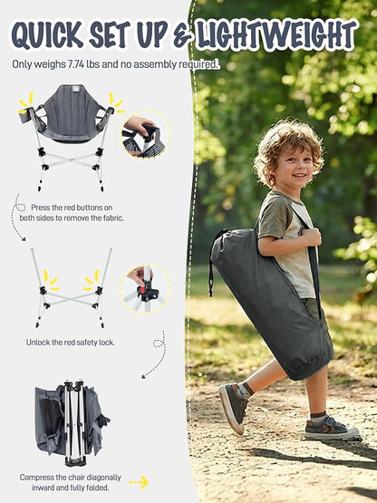 EVER ADVANCED Kids Hammock Chair Foldable, Kids Camping Chair with Stand Portable, Hammock Swing Chair with Cup Holder, Child Camping Gear Carry Bag for Traveling Outdoor Patio Supports 125LBS Grey