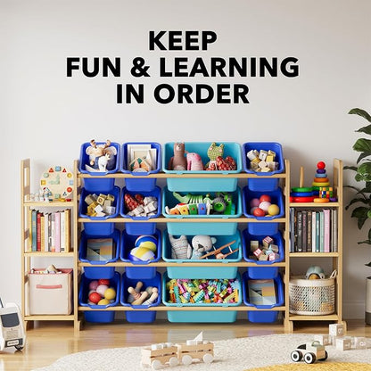 SpaceAid Toy Storage Organizer with 6 Shelves and 16 Bins, Toy Organizers Storage Bookshelf, Kids Bin Shelf Toys Box Bookcase for Bedroom Playroom Organization Room Decor, Blue and Navy Blue