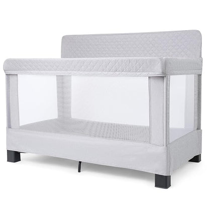 Baby Delight Horizon Full Size Crib, Breathable Mesh Walls, Tool-Free Assembly Baby Bed, Luxe Quilted Easy to Clean Fabric, Grey