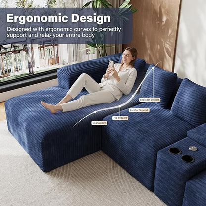 143" Oversized U Shaped Cloud Sectional Couches for Living Room, Comfy Fluffy Corduroy Blue Boneless Couch, Large Modular Sectional Sofa Set with Chaise, Cup Holder, USB Port, Storage Console