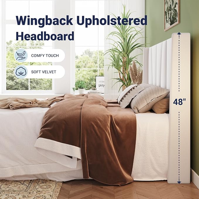 Allewie Full Size Platform Velvet Bed Frame with Geometric Wingback Headboard, Boho Upholstered Bed with Wooden Slats Support, No Box Spring Needed, Easy Assembly, White