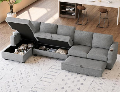 Belffin Modular Sectional Sleeper Sofa Bed with Storage Chaise L Shaped Sectional Couches for Living Room Armrest with Cup Holder. Light Gery Couch