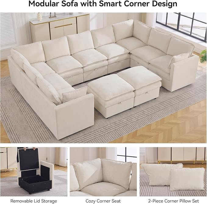 130" Beige Oversized Modular Storage Sofa, U Shaped Chenille Cloud Couch | Oversized Convertible Sectional Sofa, 9-Seat Sectional Couch With 2 Ottomans, Large Cloud Couch For Living Room, Apartment.
