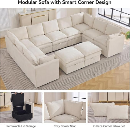 130" Beige Oversized Modular Storage Sofa, U Shaped Chenille Cloud Couch | Oversized Convertible Sectional Sofa, 9-Seat Sectional Couch With 2 Ottomans, Large Cloud Couch For Living Room, Apartment.