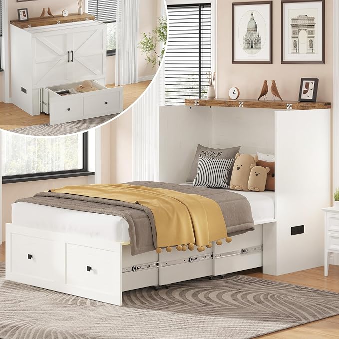 AMERLIFE Twin Murphy Bed Cabinet with Charging Station and Storage Drawer, Farmhouse Foldable Platform Bed for Home Office, Apartment, Small Spaces, Distressed White