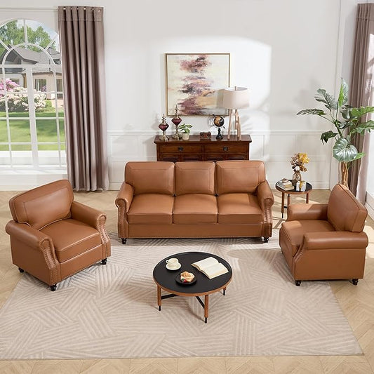 Kingfun 3 Seater Sofa, Mid-Century Modern Faux Leather Couch Set for Living Room, Brown with Rolled Arms & Nailhead Trim, Easy Assembly