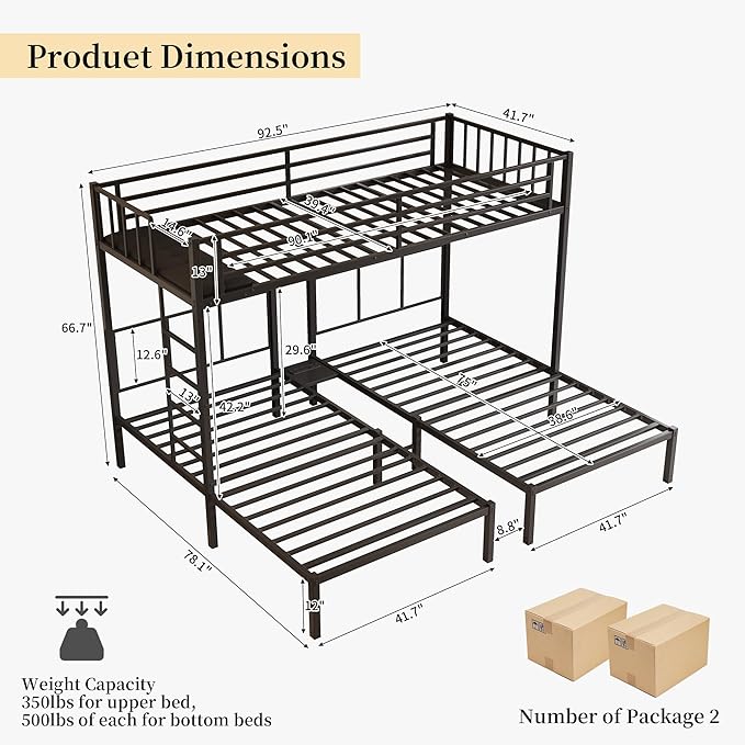 Metal Triple Bunk Bed, Twin Over Twin Over Twin, Black | Charging Station, Heavy Duty Frame, Guardrails and Ladder, Converts to Separate 3 Twin Beds, For Teens Bedrooms