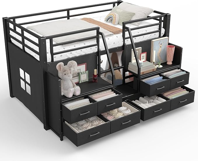 Bellemave Twin Size Low Loft Bed with 8 Fabric Storage Drawers,Metal Loft Bed Frame with Shelves and LED Lights for Boys Girls,Kids Loft Bed Twin Size,Black