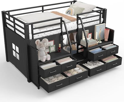 Bellemave Twin Size Low Loft Bed with 8 Fabric Storage Drawers,Metal Loft Bed Frame with Shelves and LED Lights for Boys Girls,Kids Loft Bed Twin Size,Black