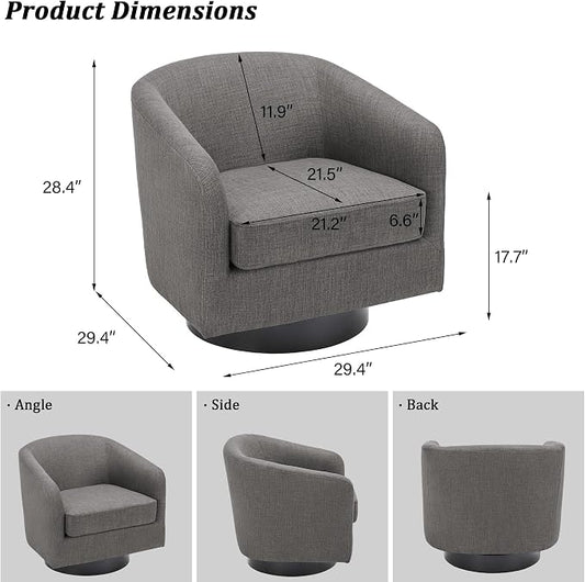 Swivel Barrel Accent Chair, Modern Round Linen Arm Chair for Living Room, Bedroom, Comfy Club Reading Chairs for Adults（Linen Fabric, Grey, Set of 4