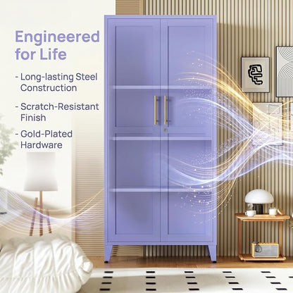 61" Tall Farmhouse Metal Storage Cabinet, Kitchen Pantry Storage Cabinets with 2 Barn Door and 3 Adjustable Shelves, for Home, Office, Kitchen, Laundry Room, Kids Room, Entryway, Purple