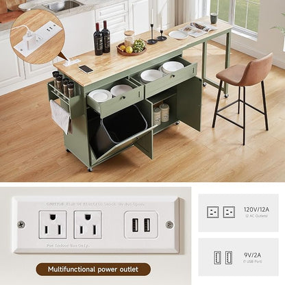 ONBRILL Kitchen Islands with Extendable Dining Table, 81.7" Mobile Kitchen Storage Islands, Rolling Kitchen Cart with Trash Cabinet, Power Outlet, Spice Rack & Towel Rack, Green
