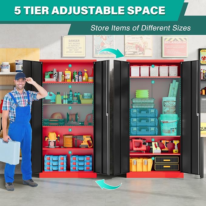 SISESOL Red Metal Storage Cabinet with Locking Doors and Shelves,Garage Storage Cabinet with Lock,Steel Locker,Lockable Cabinets for Home,Office,Shop,Garage Cabinets