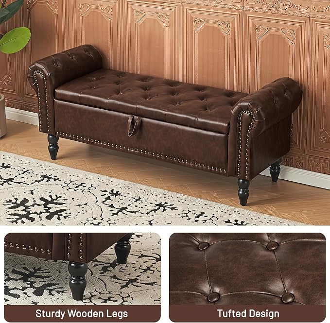 Furniliving 51” End of Bed Storage Bench, Bedroom Bench with Button-Tufted, Upholstered Storage Ottoman Benches Window Bench with Storage, Leather Bench for Living Room, Entryway, PU, BlackBrown