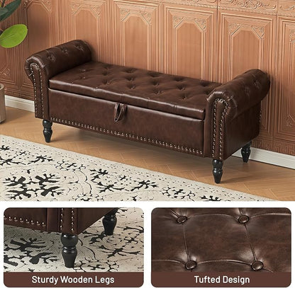 Furniliving 51” End of Bed Storage Bench, Bedroom Bench with Button-Tufted, Upholstered Storage Ottoman Benches Window Bench with Storage, Leather Bench for Living Room, Entryway, PU, BlackBrown