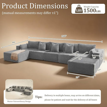 168" Cloud Sectional Couch, Comfort U Shaped Sofa for Living Room, Extra Deep Seats No Assembly, Minimalist Modular Couch, Corduroy (Light Grey, 7 Seats,U-Shape A)
