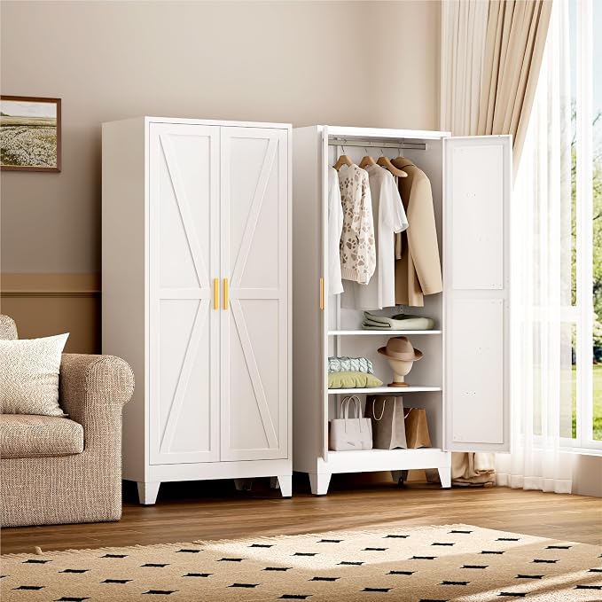 YAUWOH Farmhouse Wardrobe Cabinet,Metal Wardrobe Closet with Hanging Rod,Metal Armoire with Adjustable Shelves for Bedroom,Cloak Room,Office (White)