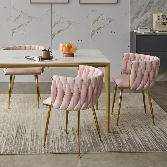 Velvet Dining Chairs Set of 2, Gold Modern Dining Chair with Metal Legs, Woven Upholstered Dining Chairs for Dining Room, Kitchen, Vanity, Living Room (Pink)