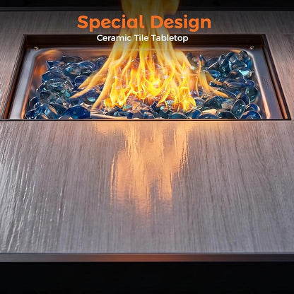 BALI OUTDOORS 42 inch 50,000 BTU Rectangular Propane Gas Fire Pit Table with Fire Glass and Table Lid, Fire Pits Outdoor for Garden, Patio, Backyard
