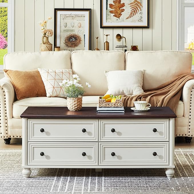 RWYHG 48" Farmhouse Coffee Table with Hidden Storage,Wooden Coffee Tables with 4 Drawers & Roman Column Handle,Rectangular Rustic Center Table with Solid Wood Curved Base for Living Room,Office,White