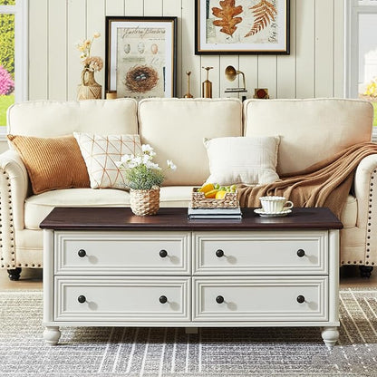 RWYHG 48" Farmhouse Coffee Table with Hidden Storage,Wooden Coffee Tables with 4 Drawers & Roman Column Handle,Rectangular Rustic Center Table with Solid Wood Curved Base for Living Room,Office,White