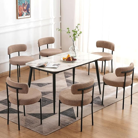 EDWELL Dining Chairs Set of 6, Round Upholstered Kitchen Dining Room Chairs, Mid- Century Modern Sherpa Dining Chair with Black Legs, Curved Backrest Boucle Chair for Kitchen, Dining Room