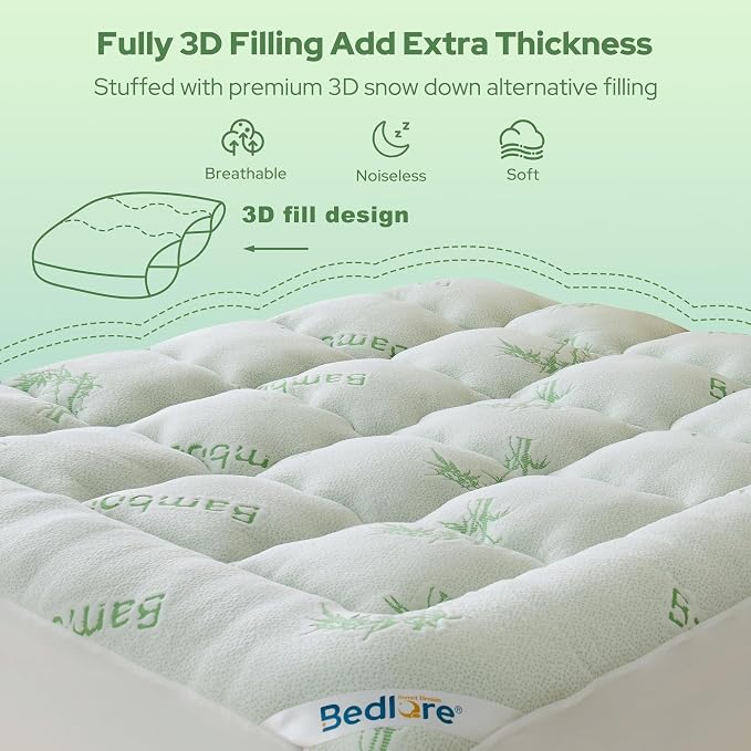 BEDLORE California King Mattress Topper Viscose Derived from Bamboo, Thick Pillow Top Mattress Pad with Stretchable Pockets for 6"-18" Mattress, Soft Mattress Topper for Back Pain Relief