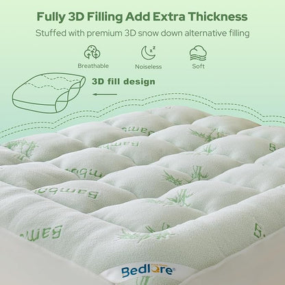 BEDLORE California King Mattress Topper Viscose Derived from Bamboo, Thick Pillow Top Mattress Pad with Stretchable Pockets for 6"-18" Mattress, Soft Mattress Topper for Back Pain Relief