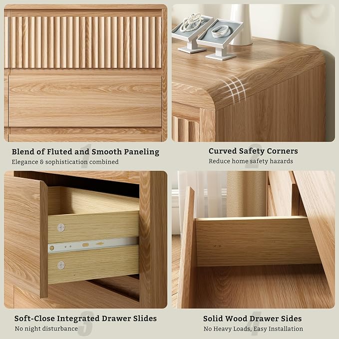 LYNSOM 8 Drawer Dresser for Bedroom, 50" Wide Fluted Dresser with Curved Corners, Wood Dressers & Chests of Drawers with Dual-Panel Design for Bedroom, Entryway, Oak