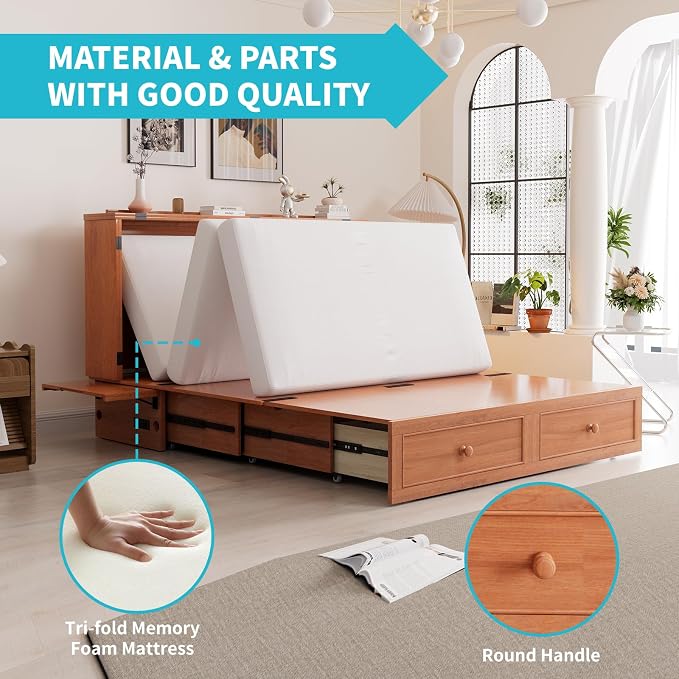 CECER Cherry Murphy Bed Cabinet with Mattress, Space-Saving Folding Bed