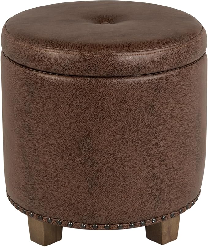 HomePop 18.5" Round Storage Ottoman with Nailheads - Brown Faux Leather