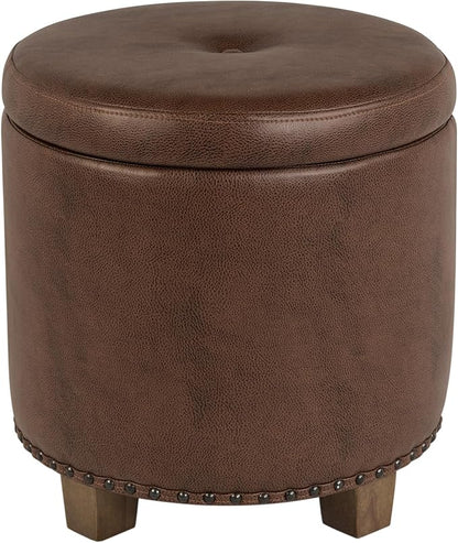 HomePop 18.5" Round Storage Ottoman with Nailheads - Brown Faux Leather