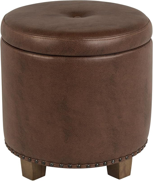 HomePop 18.5" Round Storage Ottoman with Nailheads - Brown Faux Leather